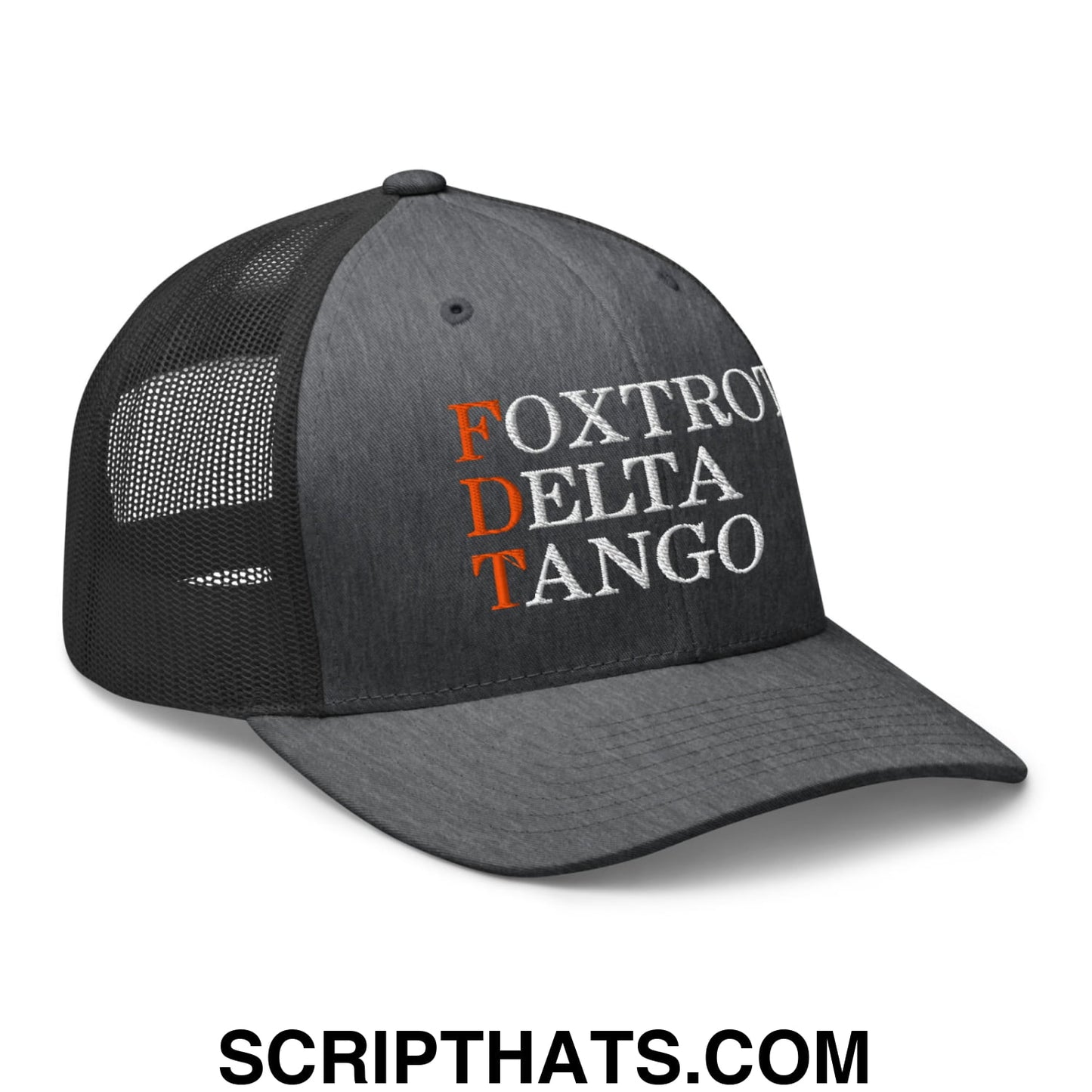 FDT Foxtrot Delta Tango Embroidered Mesh Trucker Hat Dark Heather Gray