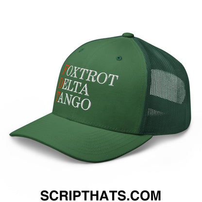 FDT Foxtrot Delta Tango Embroidered Mesh Trucker Hat Evergreen