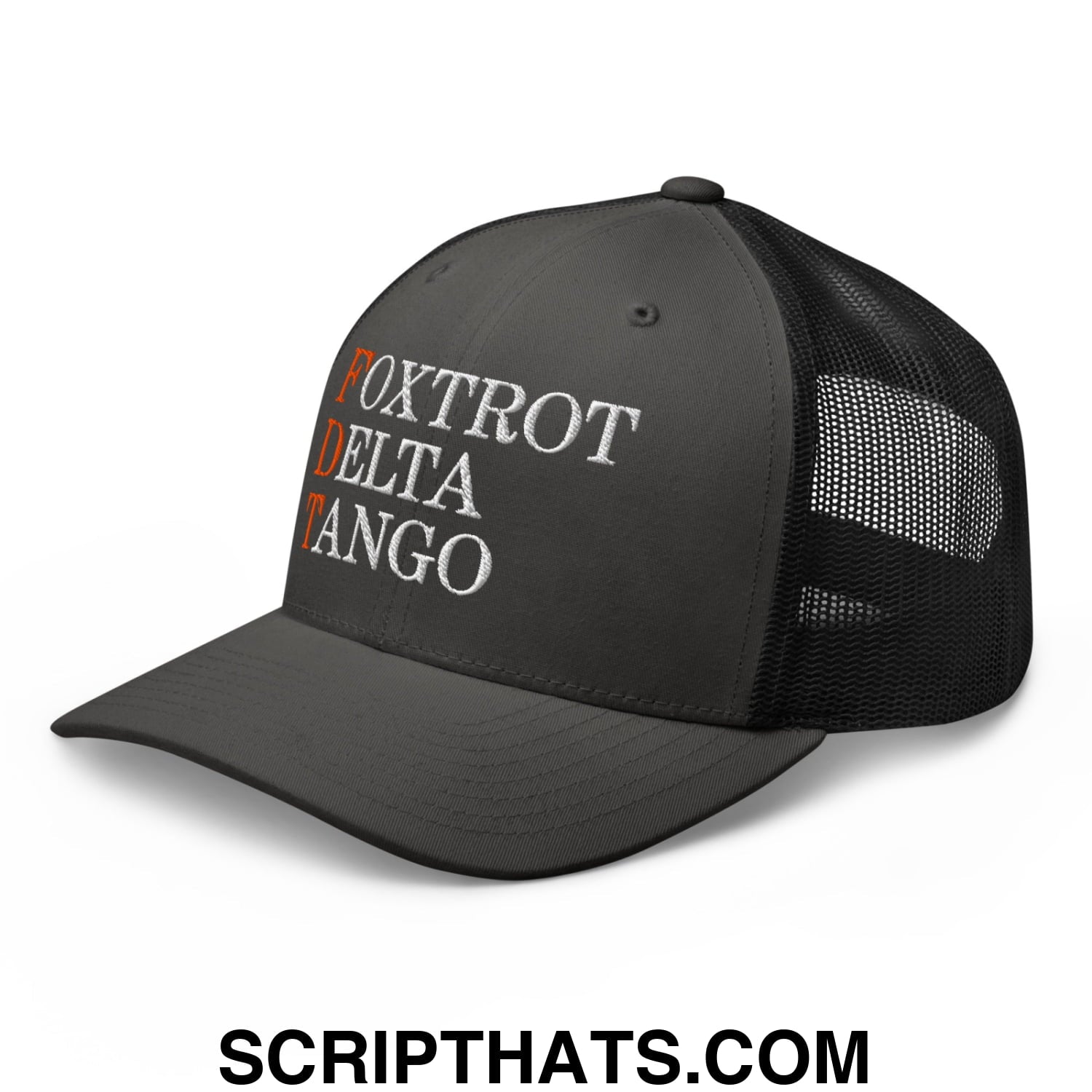 FDT Foxtrot Delta Tango Embroidered Mesh Trucker Hat Charcoal Black