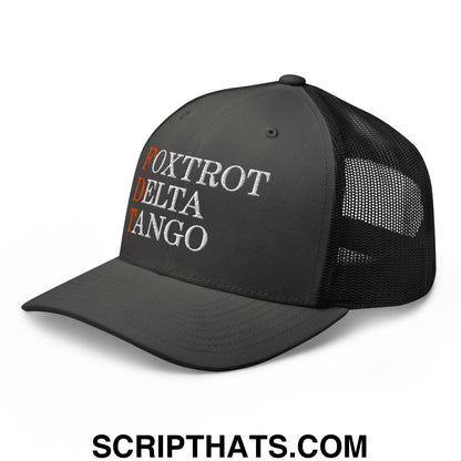 FDT Foxtrot Delta Tango Embroidered Mesh Trucker Hat Charcoal Black
