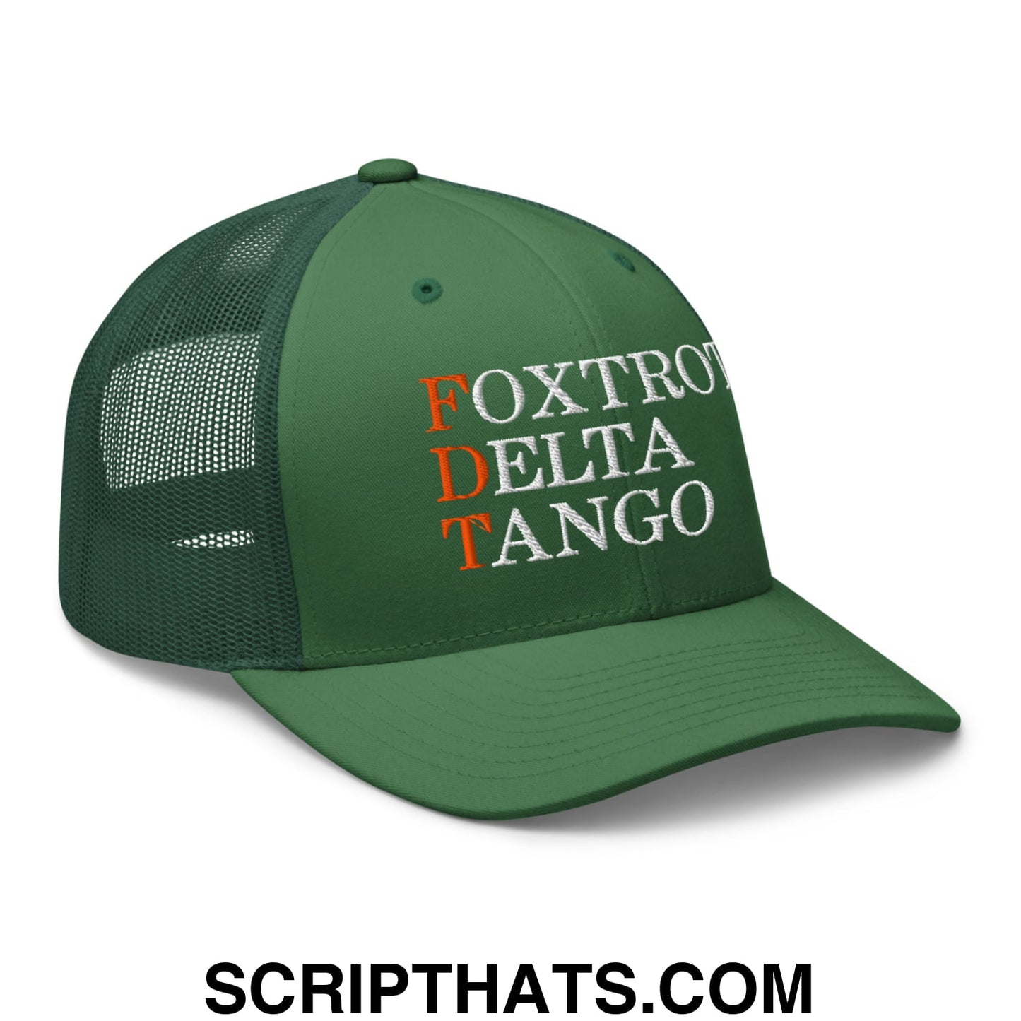 FDT Foxtrot Delta Tango Embroidered Mesh Trucker Hat Evergreen