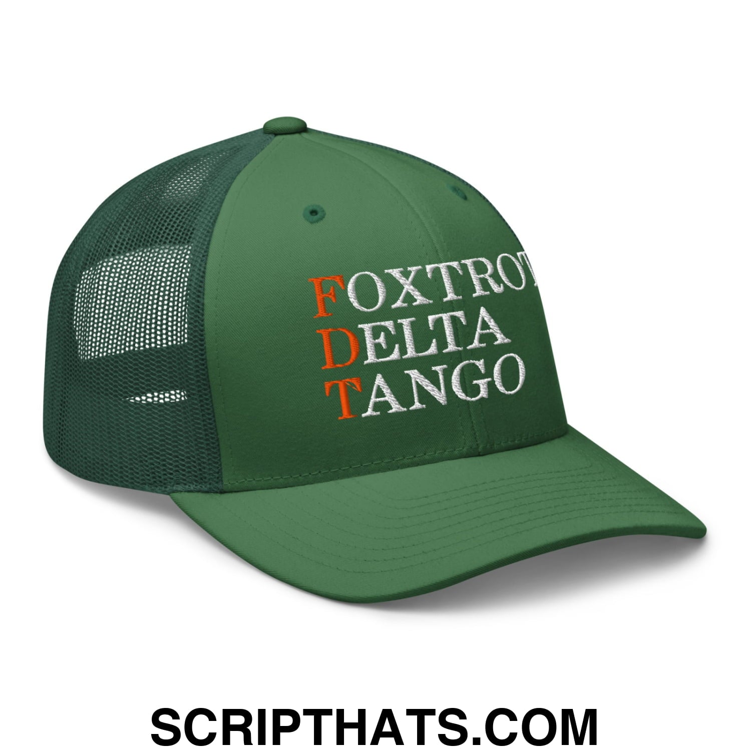 FDT Foxtrot Delta Tango Embroidered Mesh Trucker Hat Evergreen