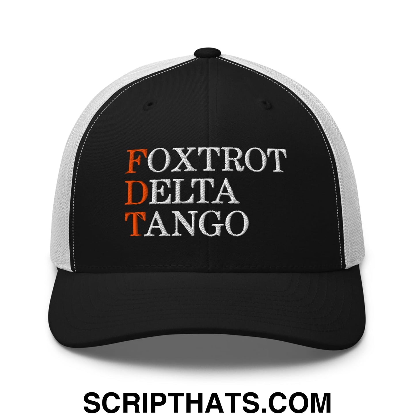 FDT Foxtrot Delta Tango Embroidered Mesh Trucker Hat Black White