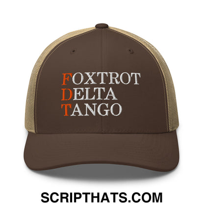 FDT Foxtrot Delta Tango Embroidered Mesh Trucker Hat Brown Khaki
