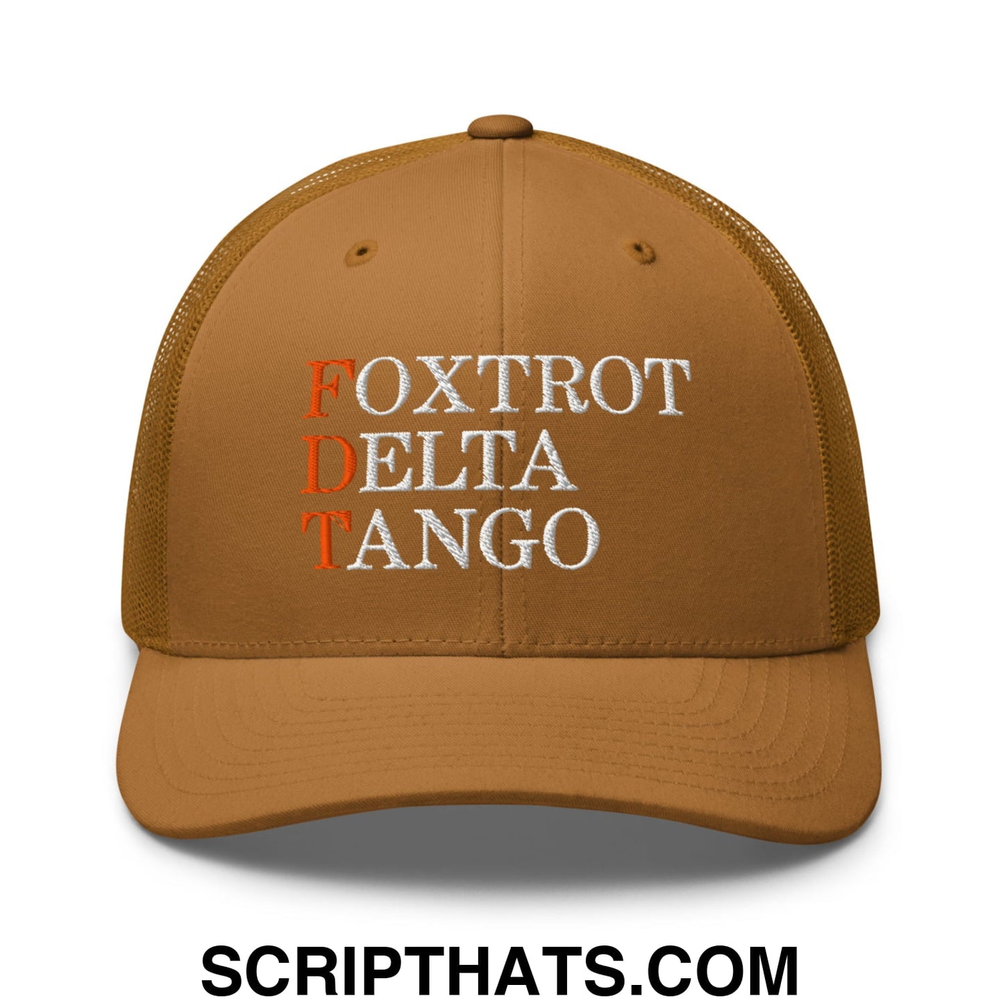 FDT Foxtrot Delta Tango Embroidered Mesh Trucker Hat Caramel