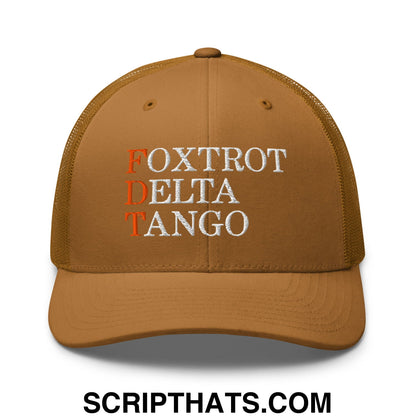 FDT Foxtrot Delta Tango Embroidered Mesh Trucker Hat Caramel