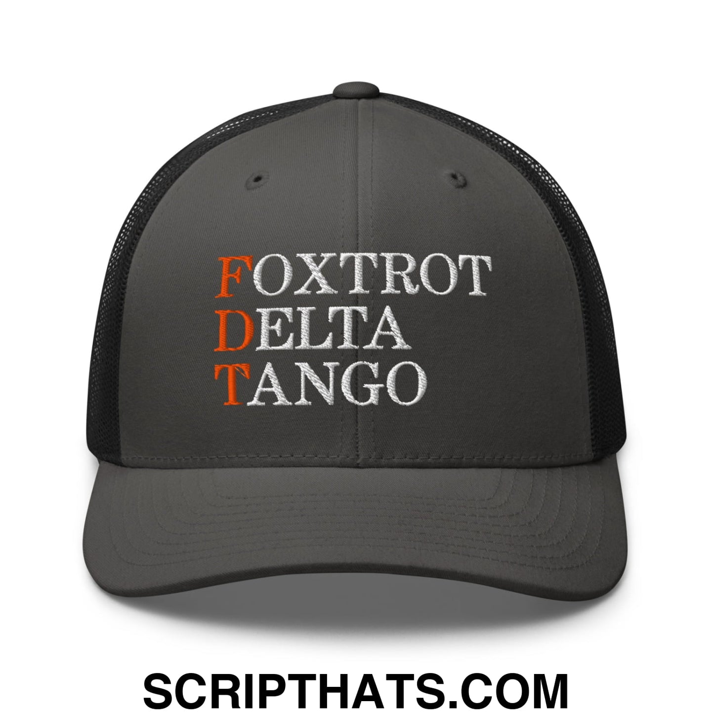 FDT Foxtrot Delta Tango Embroidered Mesh Trucker Hat Charcoal Black