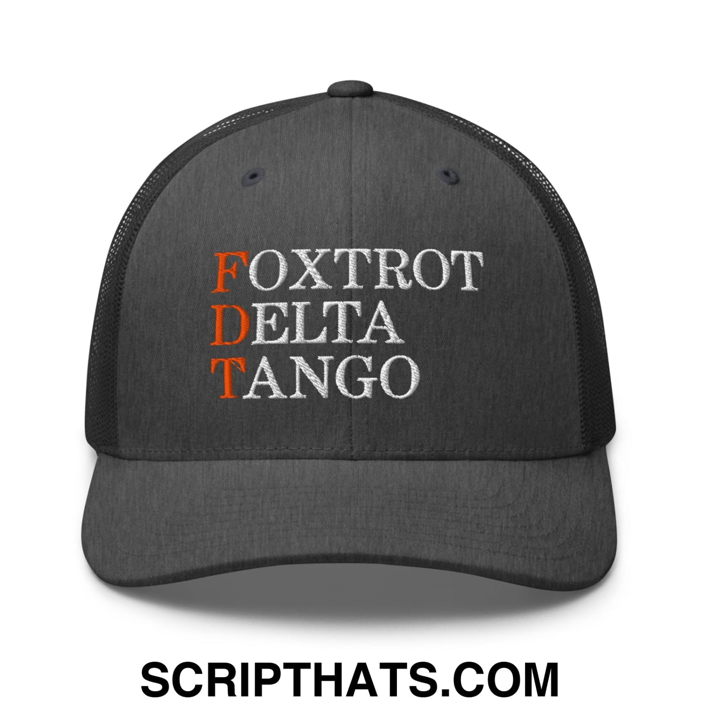 FDT Foxtrot Delta Tango Embroidered Mesh Trucker Hat Dark Heather Gray
