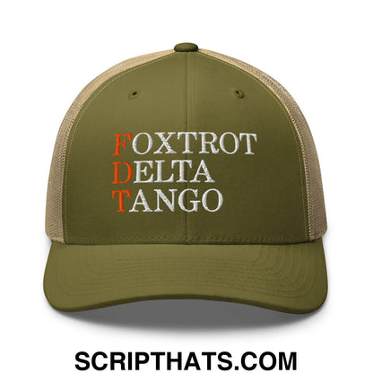FDT Foxtrot Delta Tango Embroidered Mesh Trucker Hat Moss Khaki