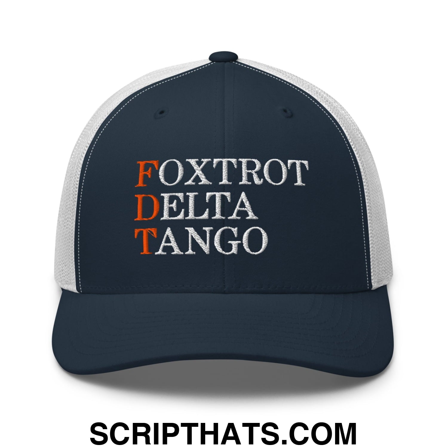 FDT Foxtrot Delta Tango Embroidered Mesh Trucker Hat Navy White