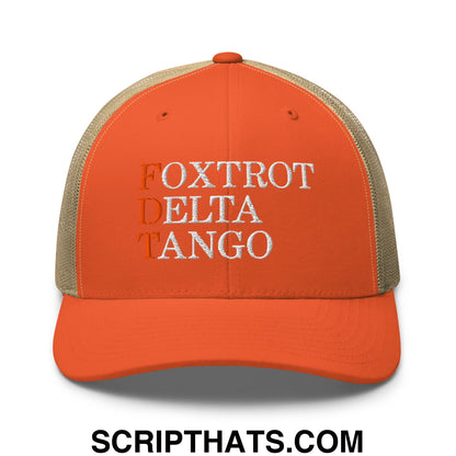 FDT Foxtrot Delta Tango Embroidered Mesh Trucker Hat Rustic Orange Khaki