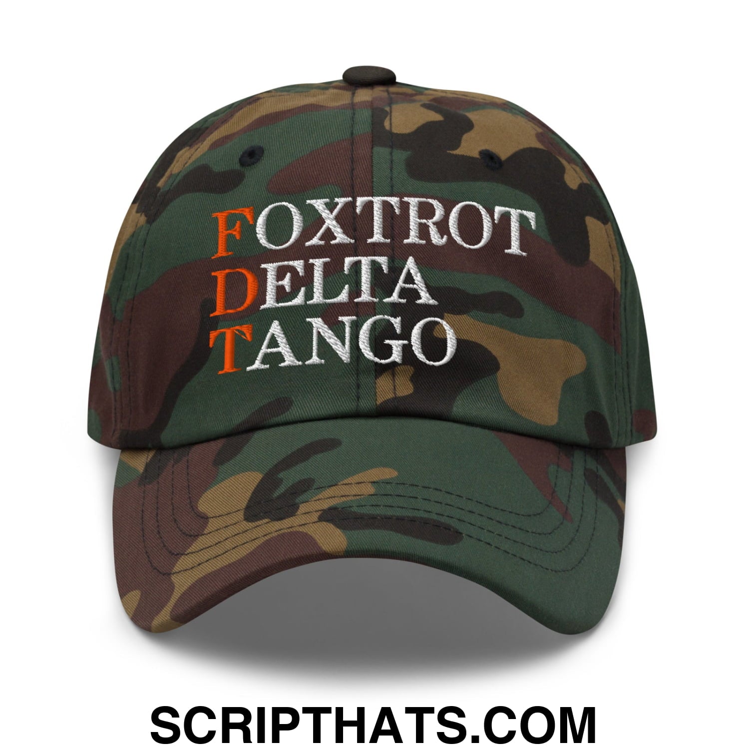 FDT Foxtrot Delta Tango Embroidered Unstructured Dad Hat Green Camo