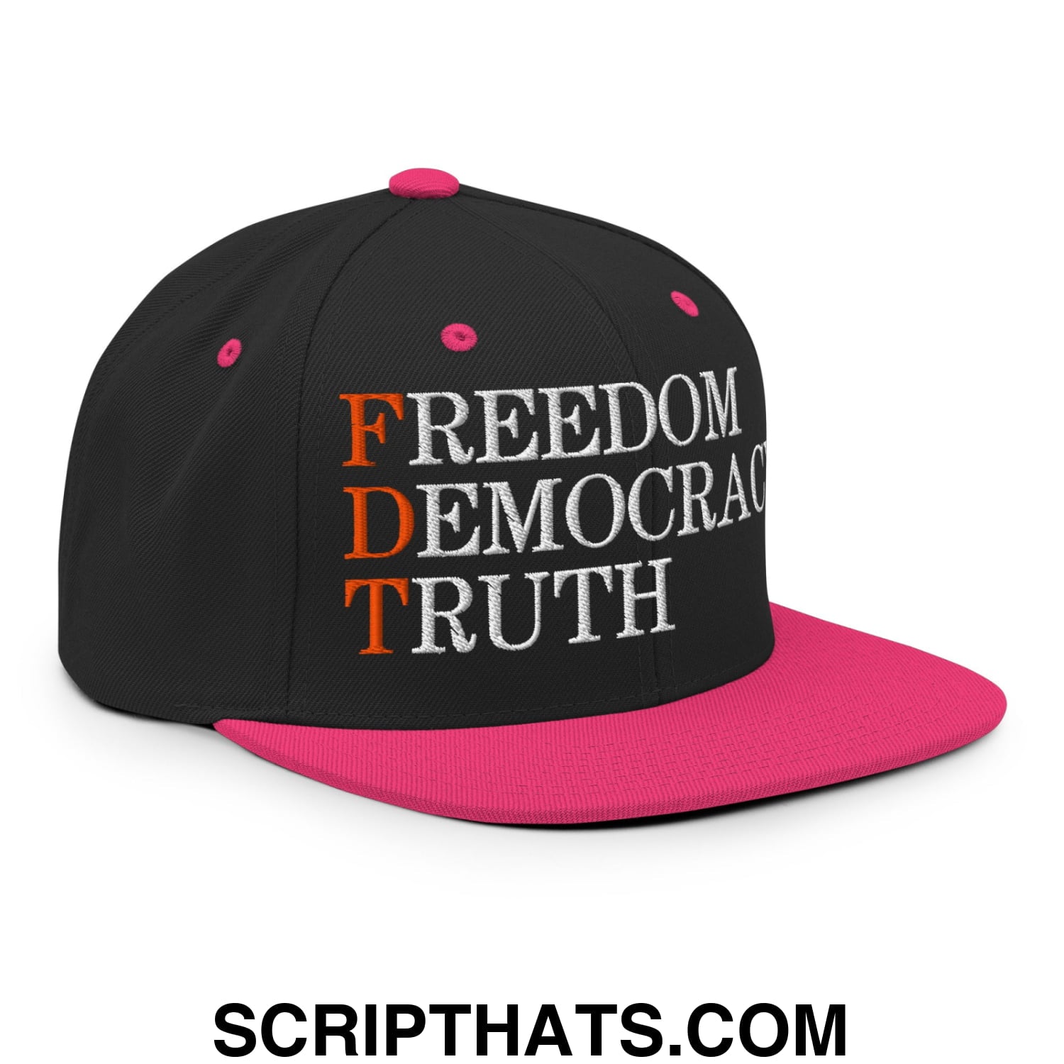 FDT Freedom Democracy Truth Embroidered Flat Bill Brim Snapback Hat Black Neon Pink