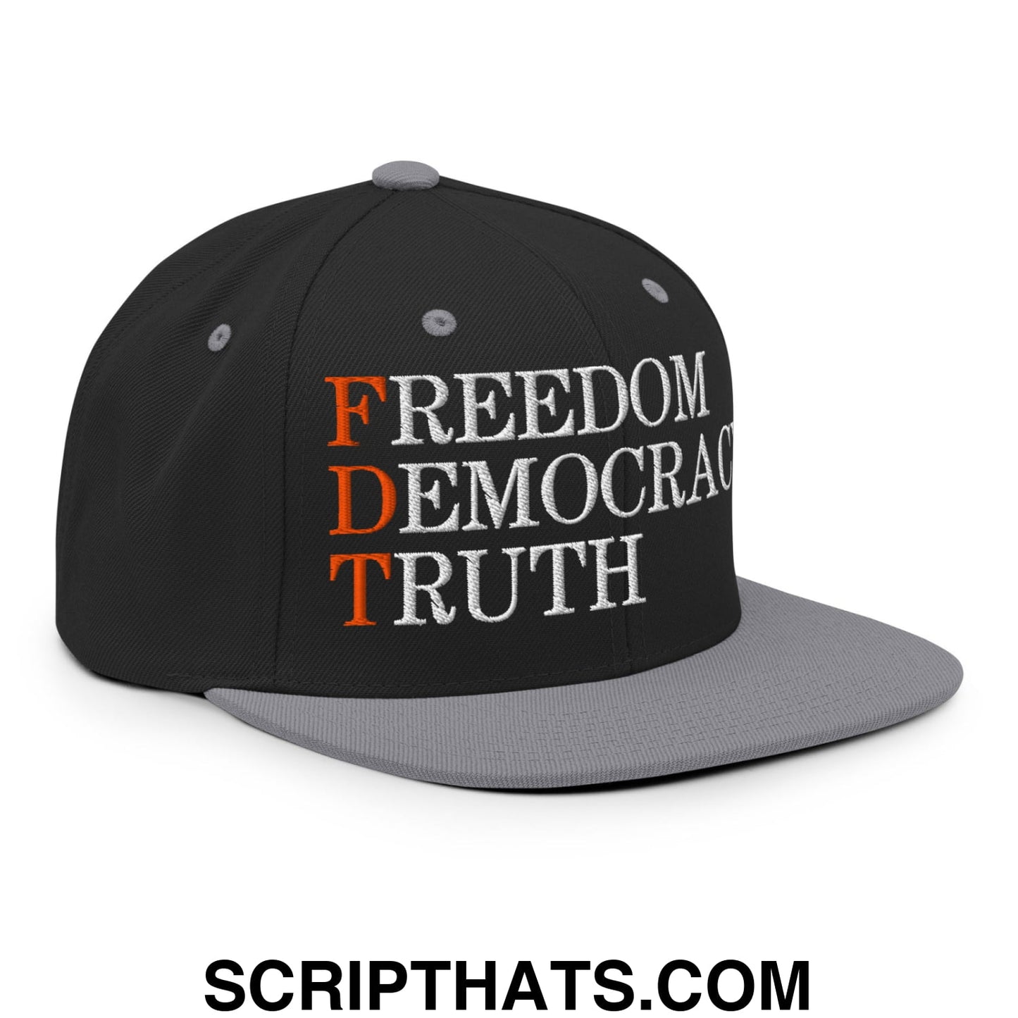 FDT Freedom Democracy Truth Embroidered Flat Bill Brim Snapback Hat Black Silver
