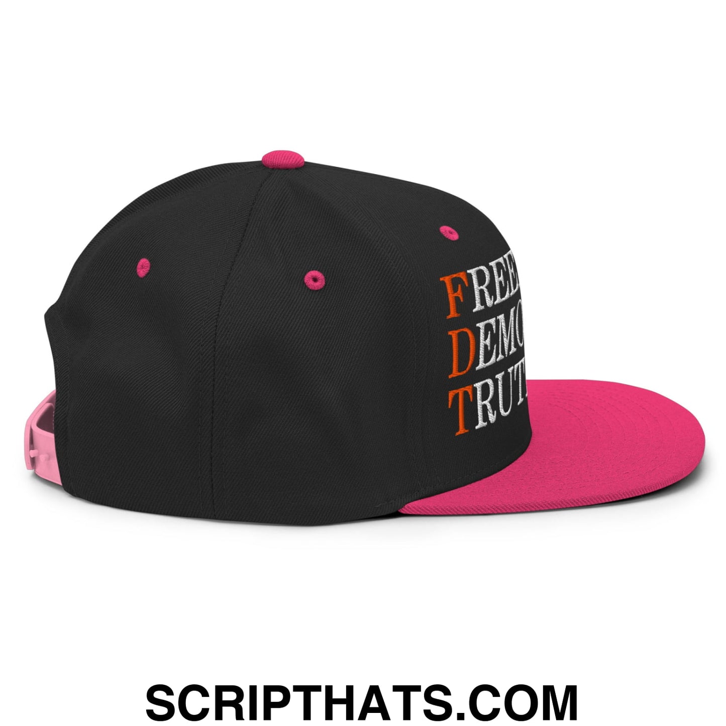 FDT Freedom Democracy Truth Embroidered Flat Bill Brim Snapback Hat Black Neon Pink