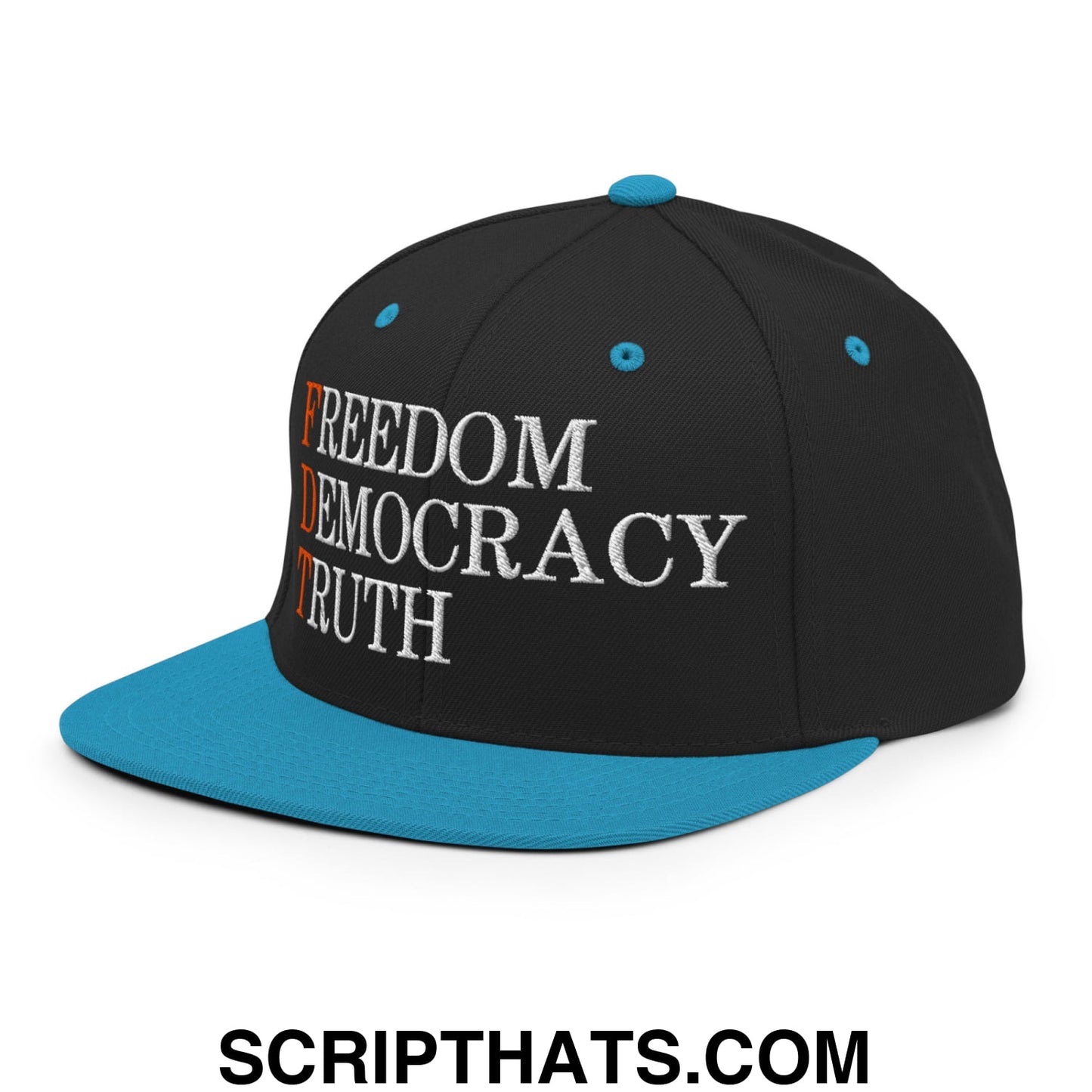 FDT Freedom Democracy Truth Embroidered Flat Bill Brim Snapback Hat Black Teal