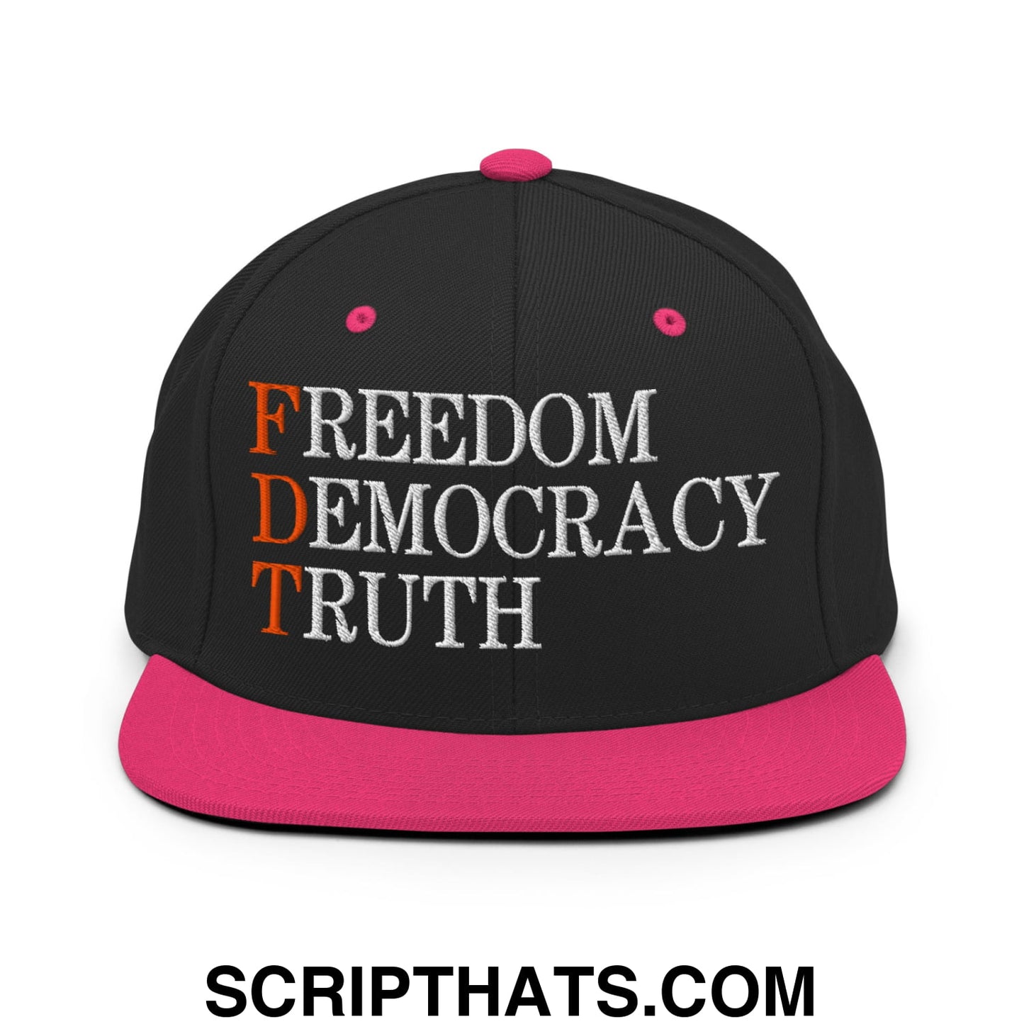 FDT Freedom Democracy Truth Embroidered Flat Bill Brim Snapback Hat Black Neon Pink