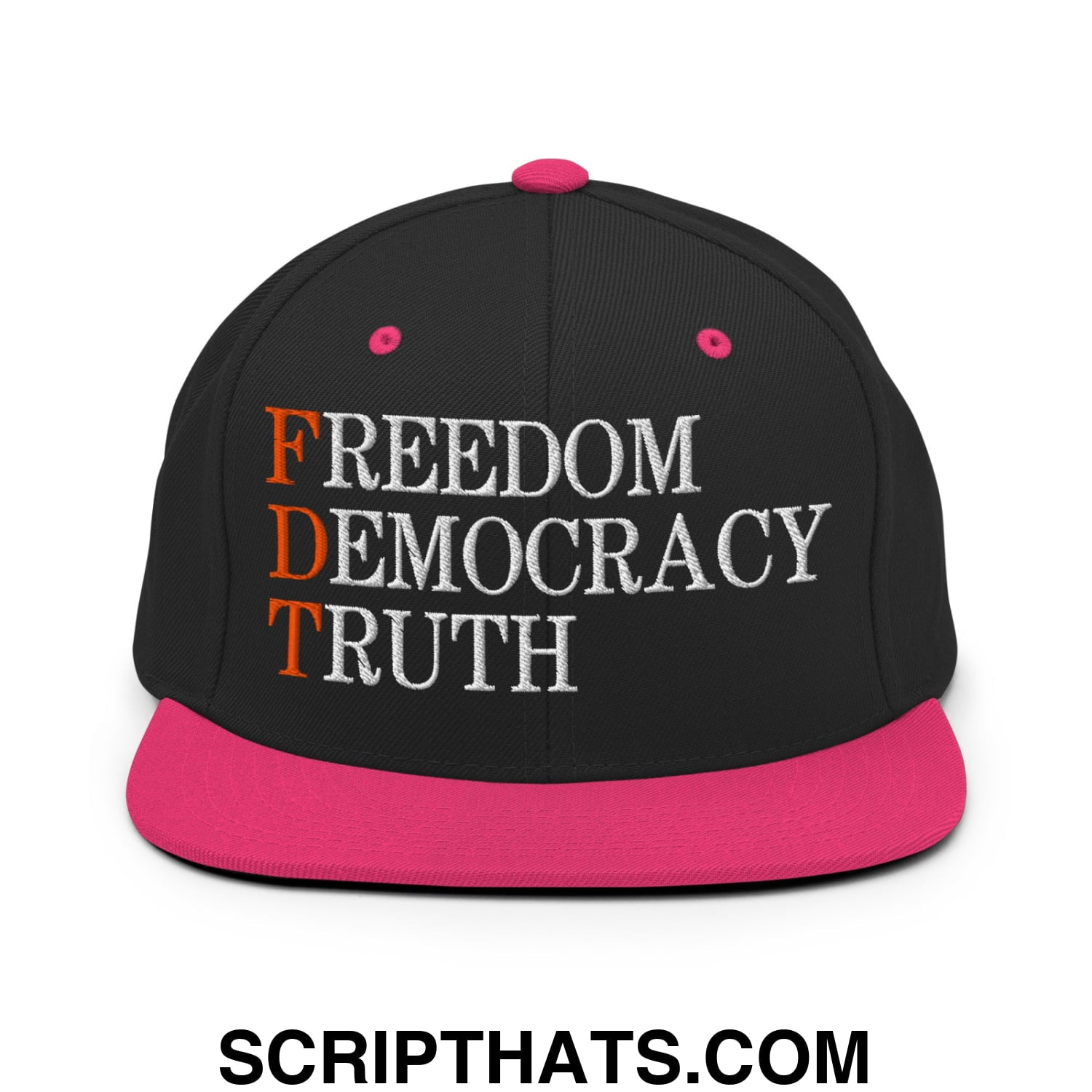 FDT Freedom Democracy Truth Embroidered Flat Bill Brim Snapback Hat Black Neon Pink