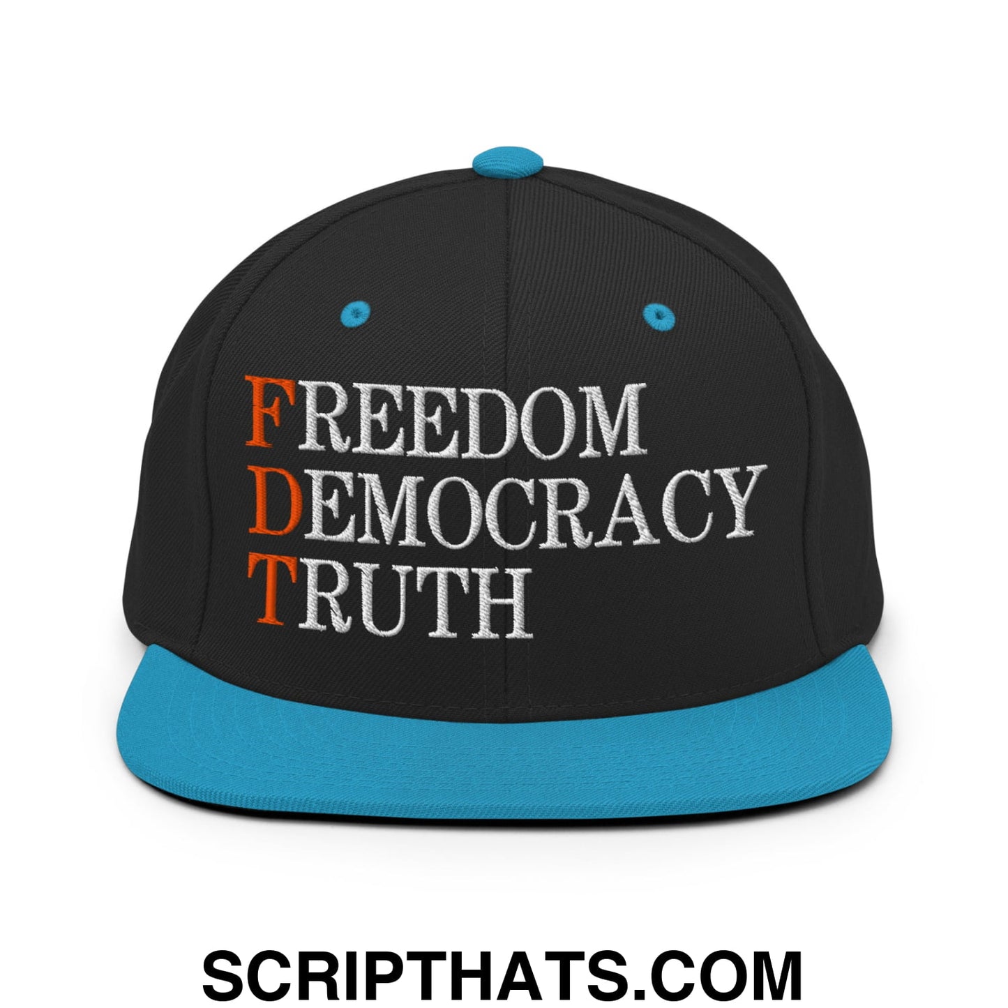 FDT Freedom Democracy Truth Embroidered Flat Bill Brim Snapback Hat Black Teal