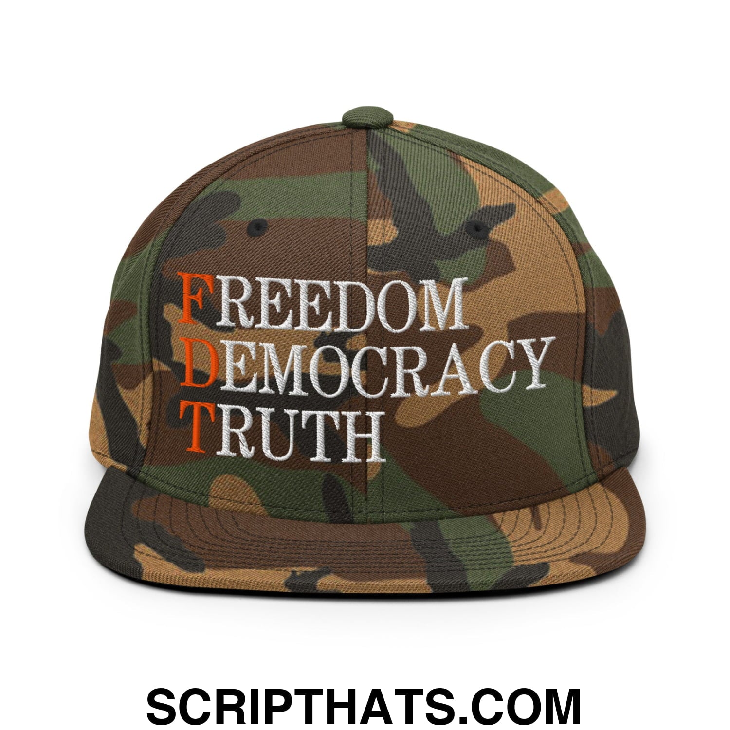 FDT Freedom Democracy Truth Embroidered Flat Bill Brim Snapback Hat Green Camo