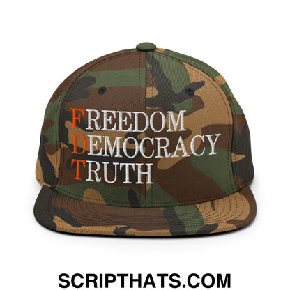 FDT Freedom Democracy Truth Embroidered Flat Bill Brim Snapback Hat Green Camo