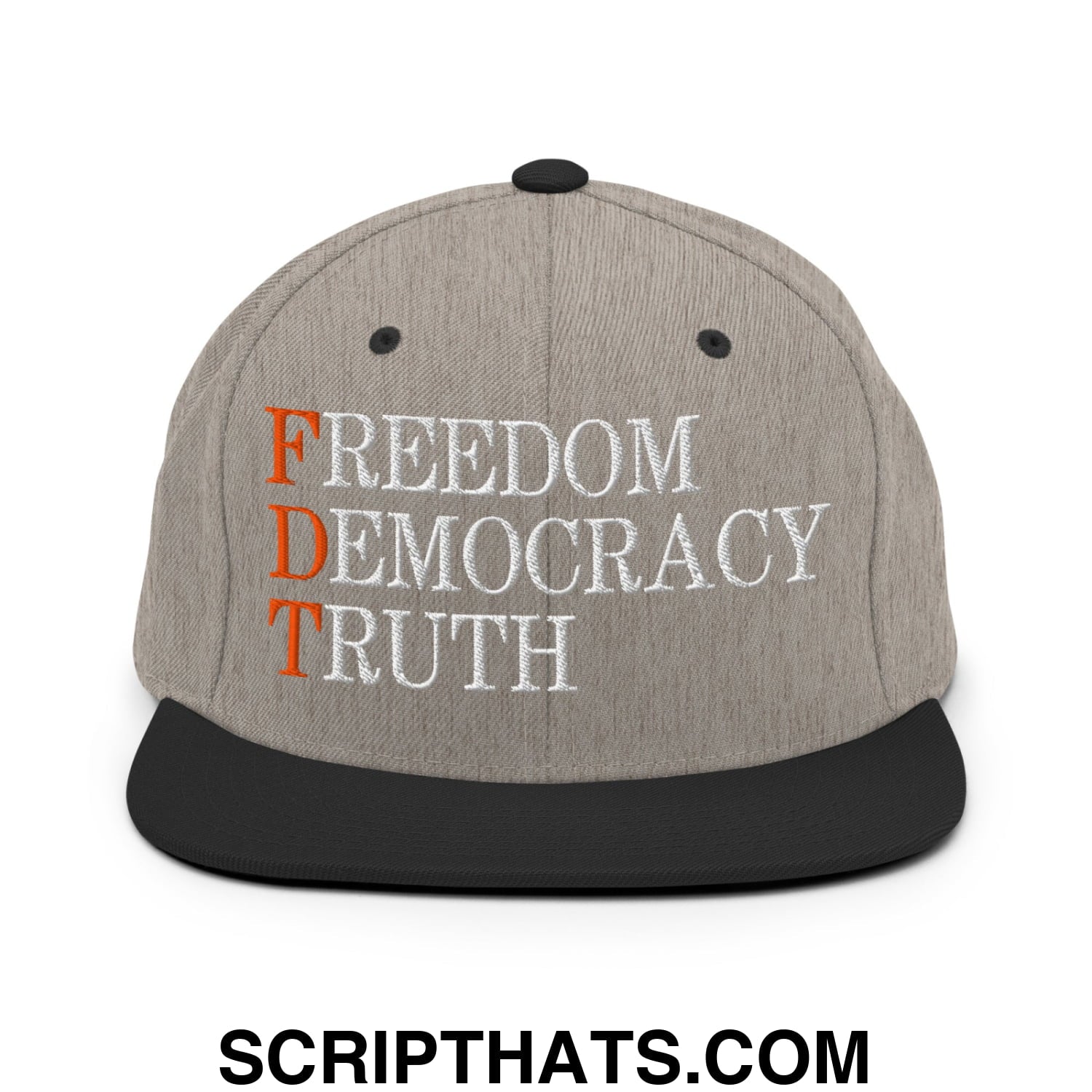 FDT Freedom Democracy Truth Embroidered Flat Bill Brim Snapback Hat Heather Black