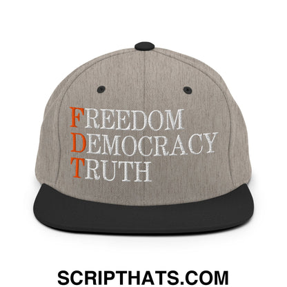 FDT Freedom Democracy Truth Embroidered Flat Bill Brim Snapback Hat Heather Black