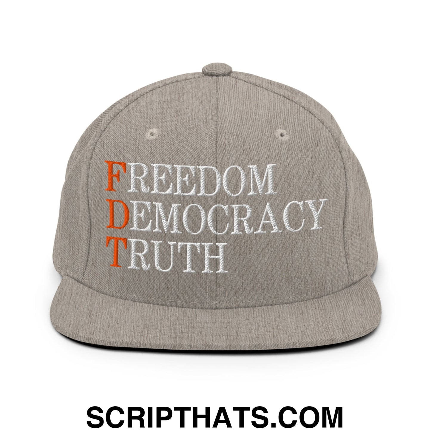FDT Freedom Democracy Truth Embroidered Flat Bill Brim Snapback Hat Heather Grey