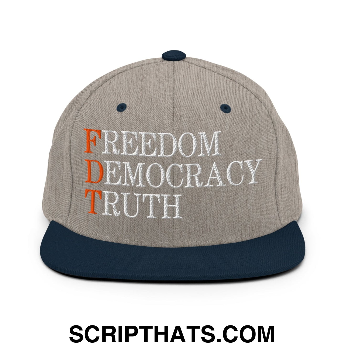FDT Freedom Democracy Truth Embroidered Flat Bill Brim Snapback Hat Heather Grey Navy