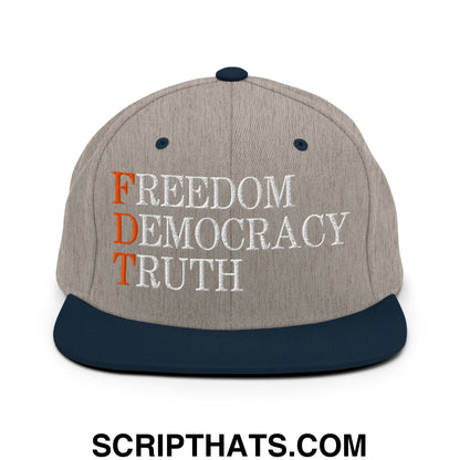 FDT Freedom Democracy Truth Embroidered Flat Bill Brim Snapback Hat Heather Grey Navy