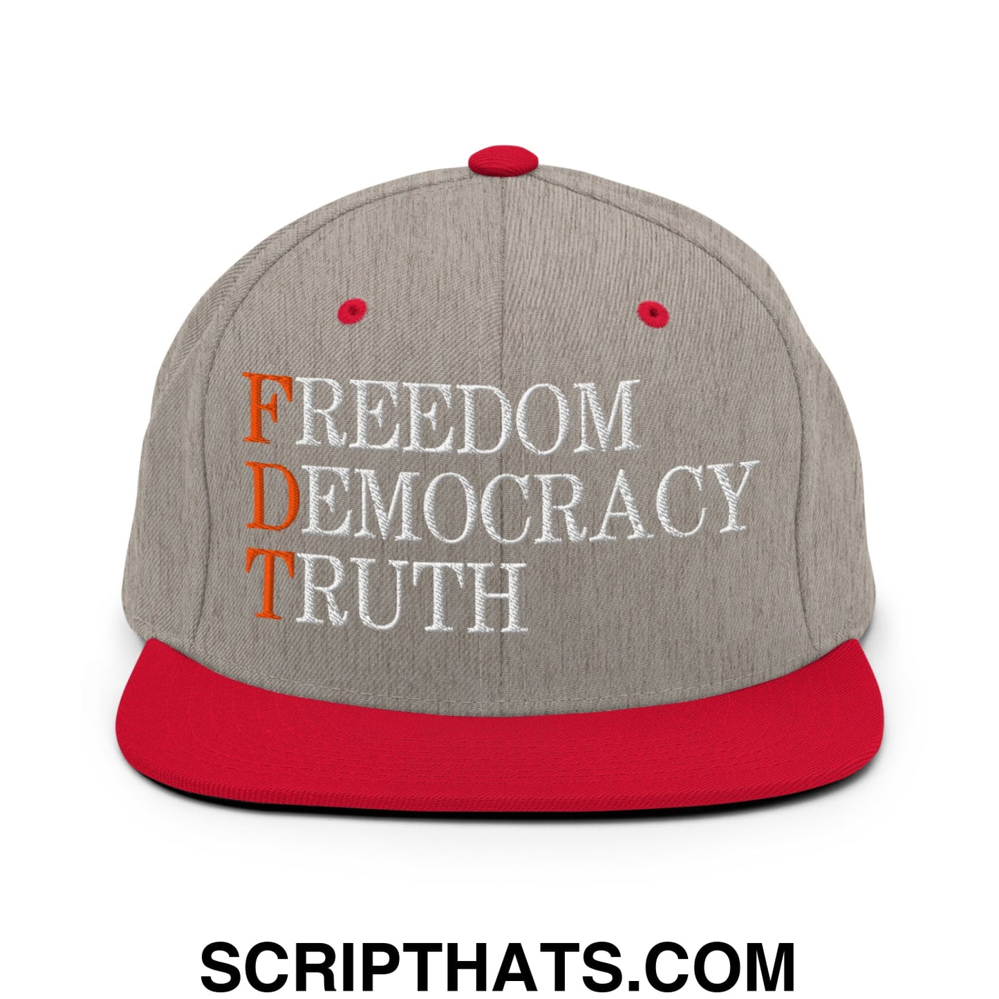 FDT Freedom Democracy Truth Embroidered Flat Bill Brim Snapback Hat Heather Grey Red