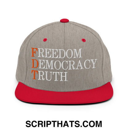FDT Freedom Democracy Truth Embroidered Flat Bill Brim Snapback Hat Heather Grey Red