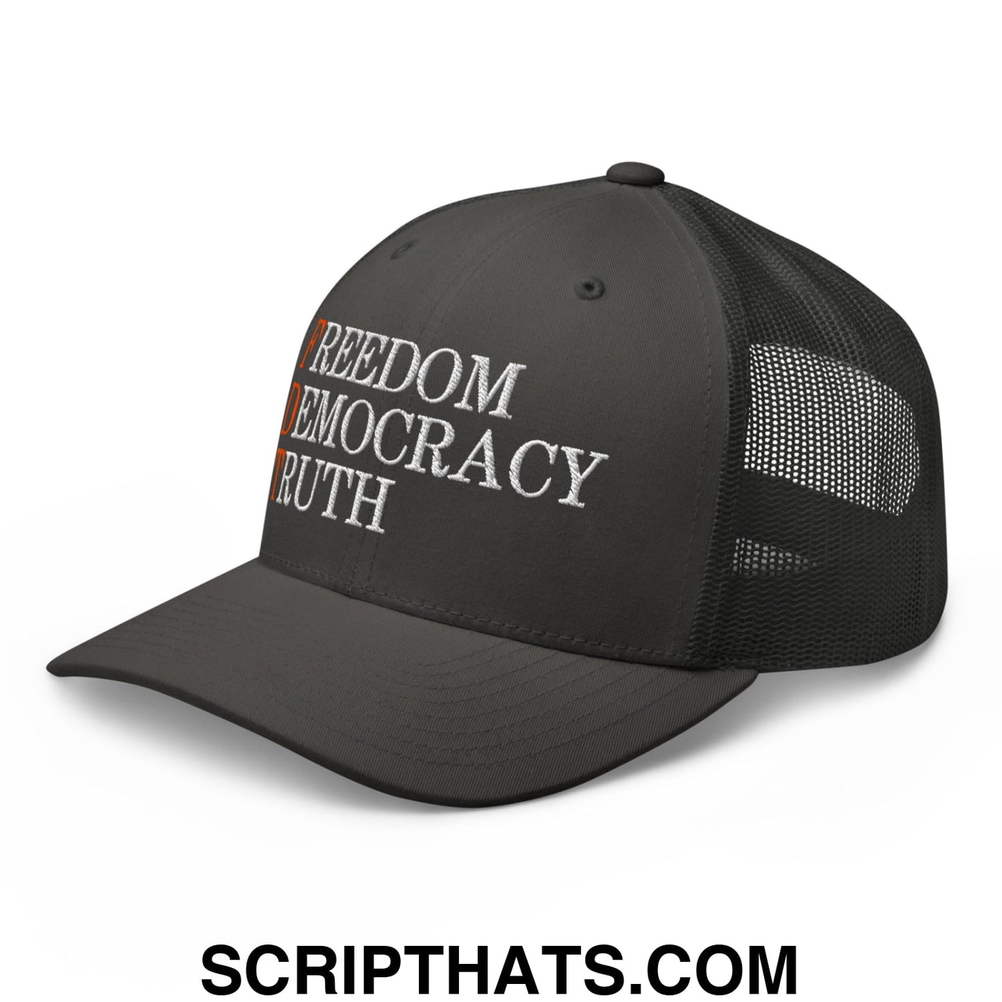 FDT Freedom Democracy Truth Embroidered Mesh Trucker Hat Charcoal