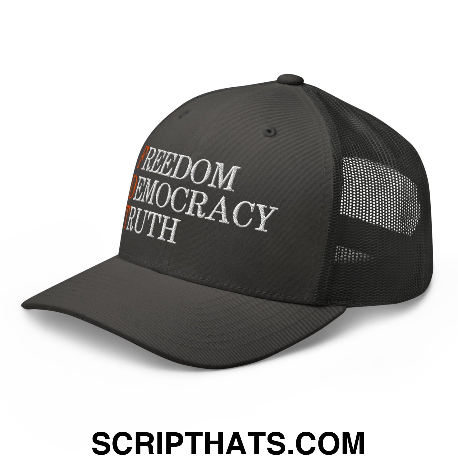 FDT Freedom Democracy Truth Embroidered Mesh Trucker Hat Charcoal