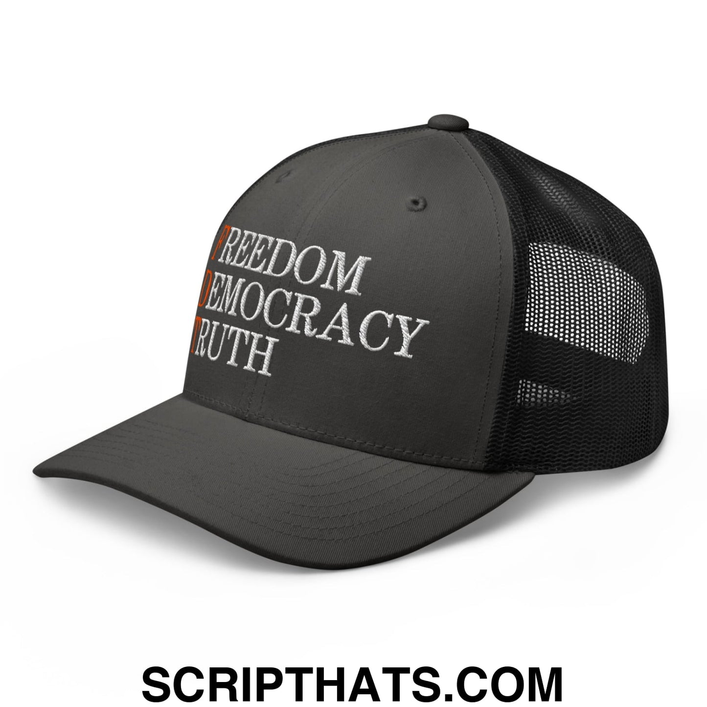 FDT Freedom Democracy Truth Embroidered Mesh Trucker Hat Charcoal Black