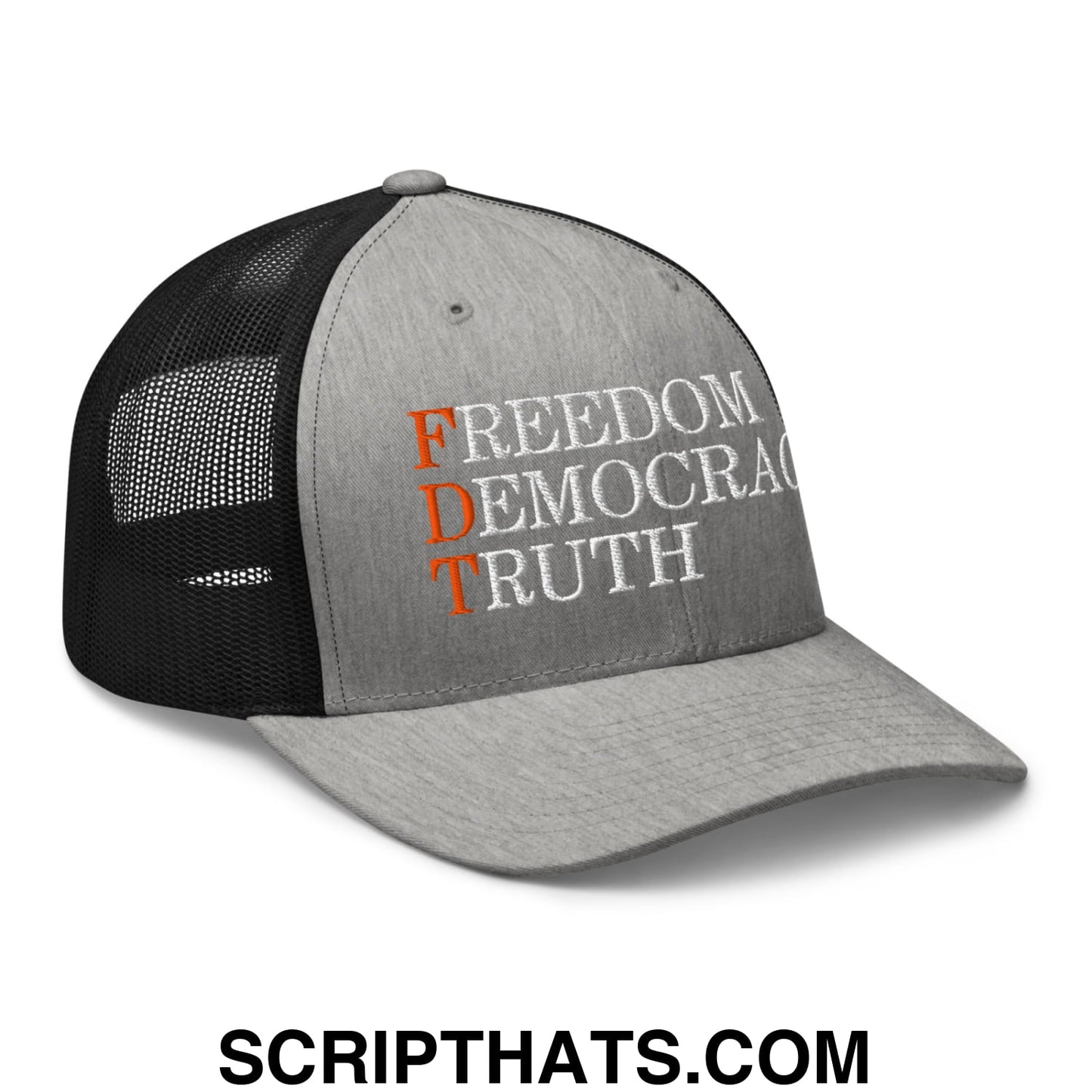 FDT Freedom Democracy Truth Embroidered Mesh Trucker Hat Heather Black