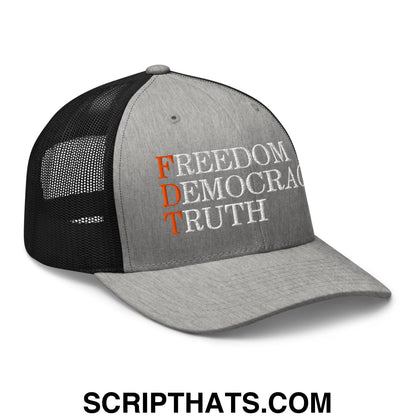 FDT Freedom Democracy Truth Embroidered Mesh Trucker Hat Heather Black