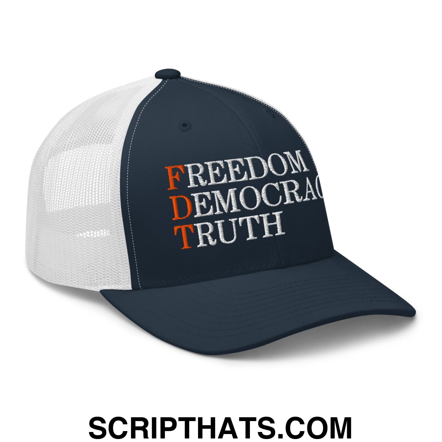 FDT Freedom Democracy Truth Embroidered Mesh Trucker Hat Navy White