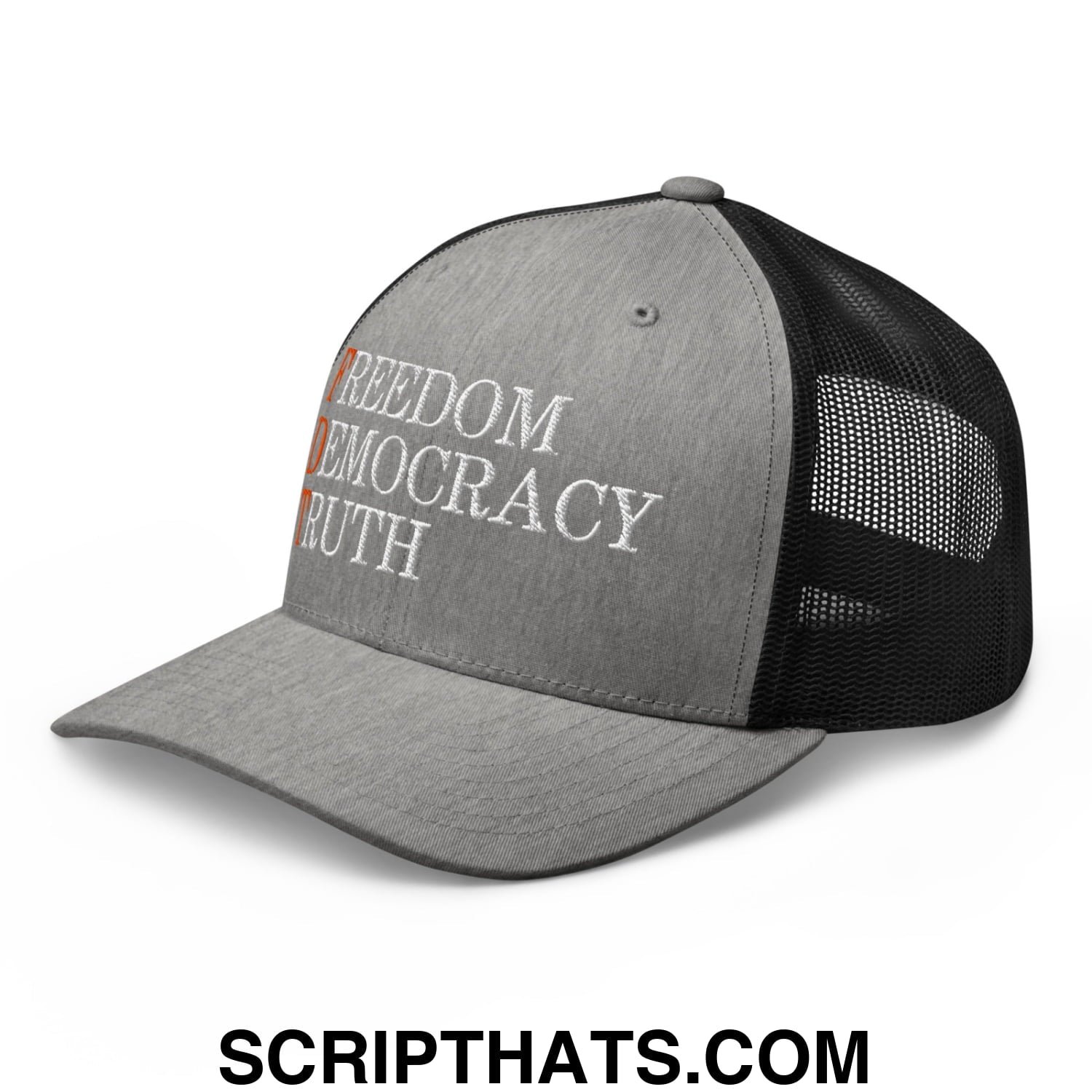 FDT Freedom Democracy Truth Embroidered Mesh Trucker Hat Heather Black