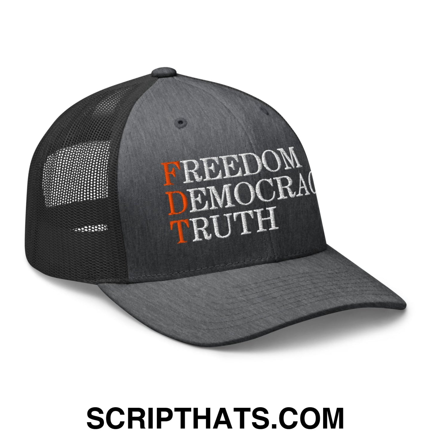 FDT Freedom Democracy Truth Embroidered Mesh Trucker Hat Dark Heather Gray