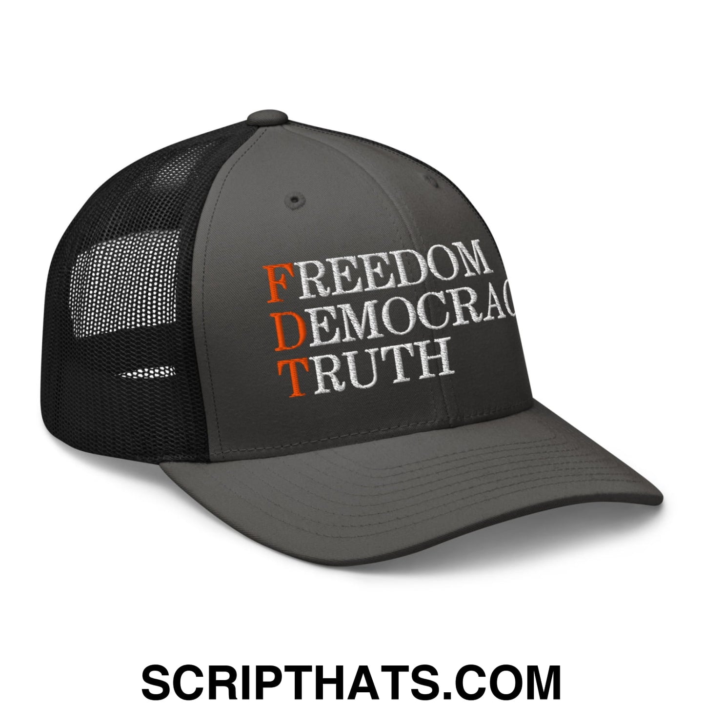 FDT Freedom Democracy Truth Embroidered Mesh Trucker Hat Charcoal Black