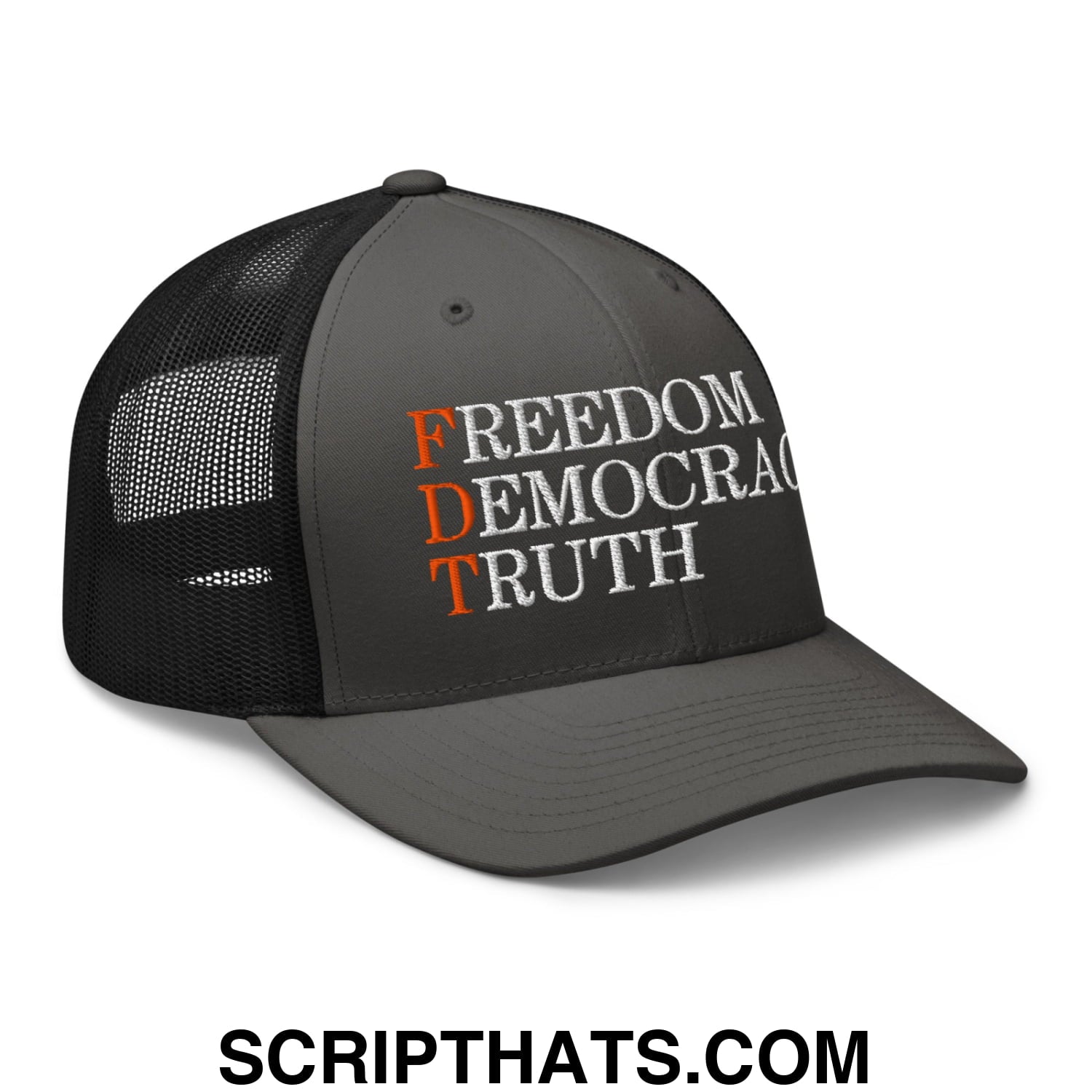FDT Freedom Democracy Truth Embroidered Mesh Trucker Hat Charcoal Black