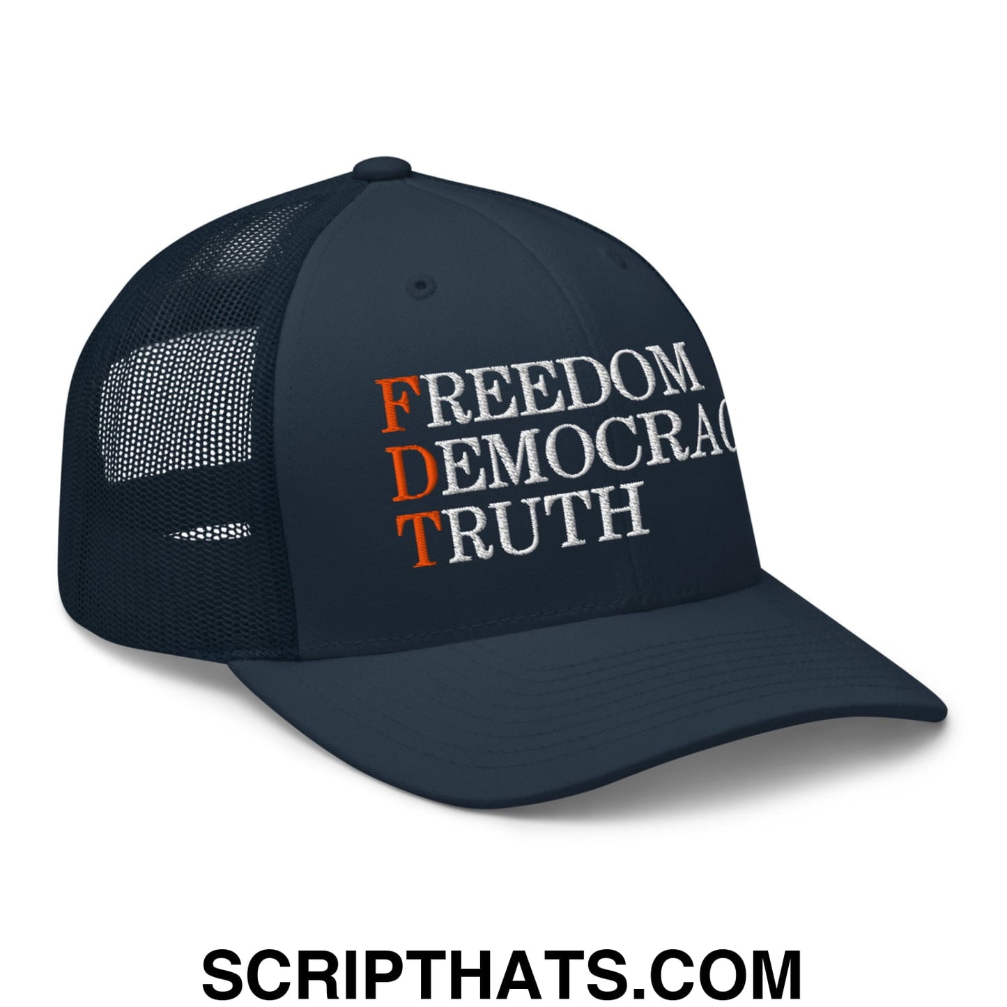 FDT Freedom Democracy Truth Embroidered Mesh Trucker Hat Navy