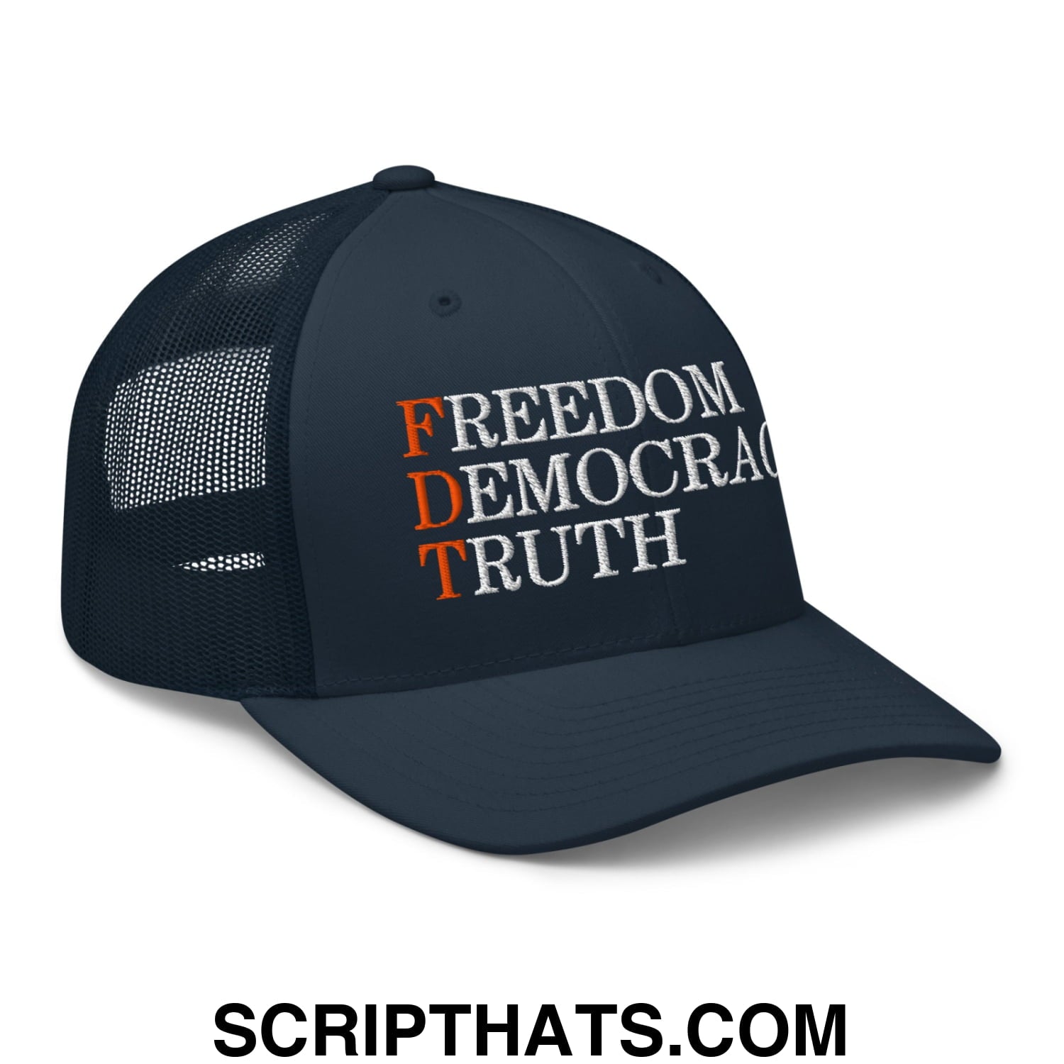 FDT Freedom Democracy Truth Embroidered Mesh Trucker Hat Navy