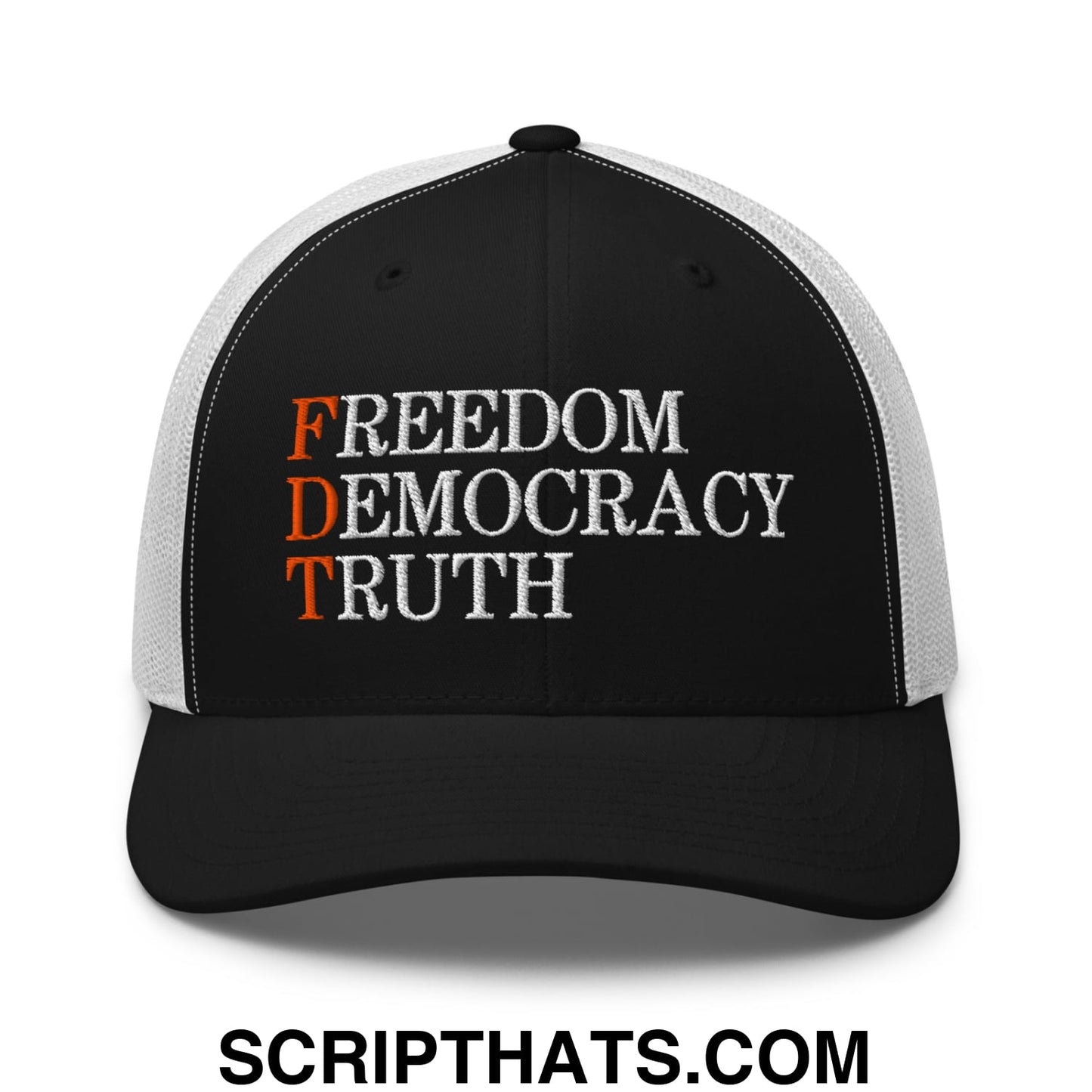 FDT Freedom Democracy Truth Embroidered Mesh Trucker Hat Black White