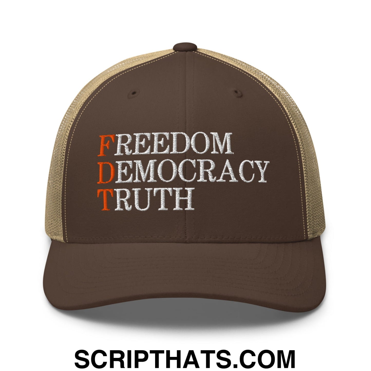 FDT Freedom Democracy Truth Embroidered Mesh Trucker Hat Brown Khaki