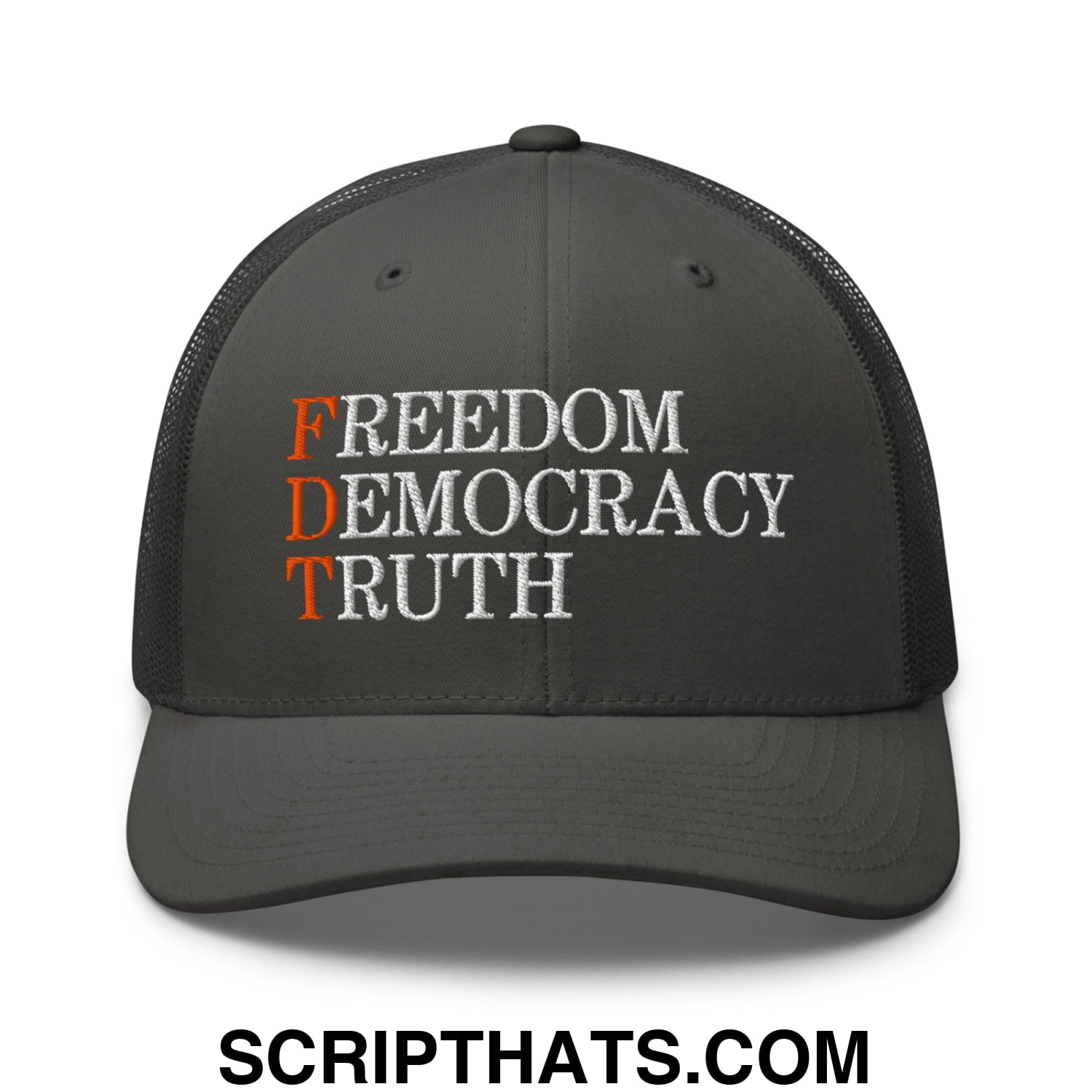 FDT Freedom Democracy Truth Embroidered Mesh Trucker Hat Charcoal