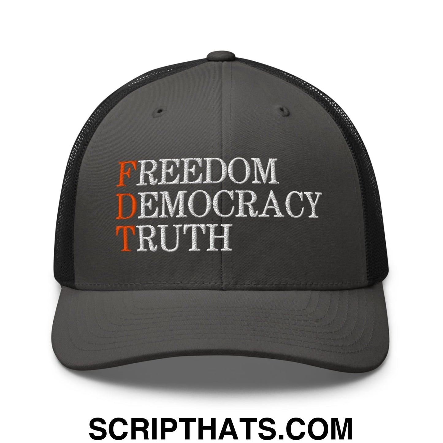 FDT Freedom Democracy Truth Embroidered Mesh Trucker Hat Charcoal Black