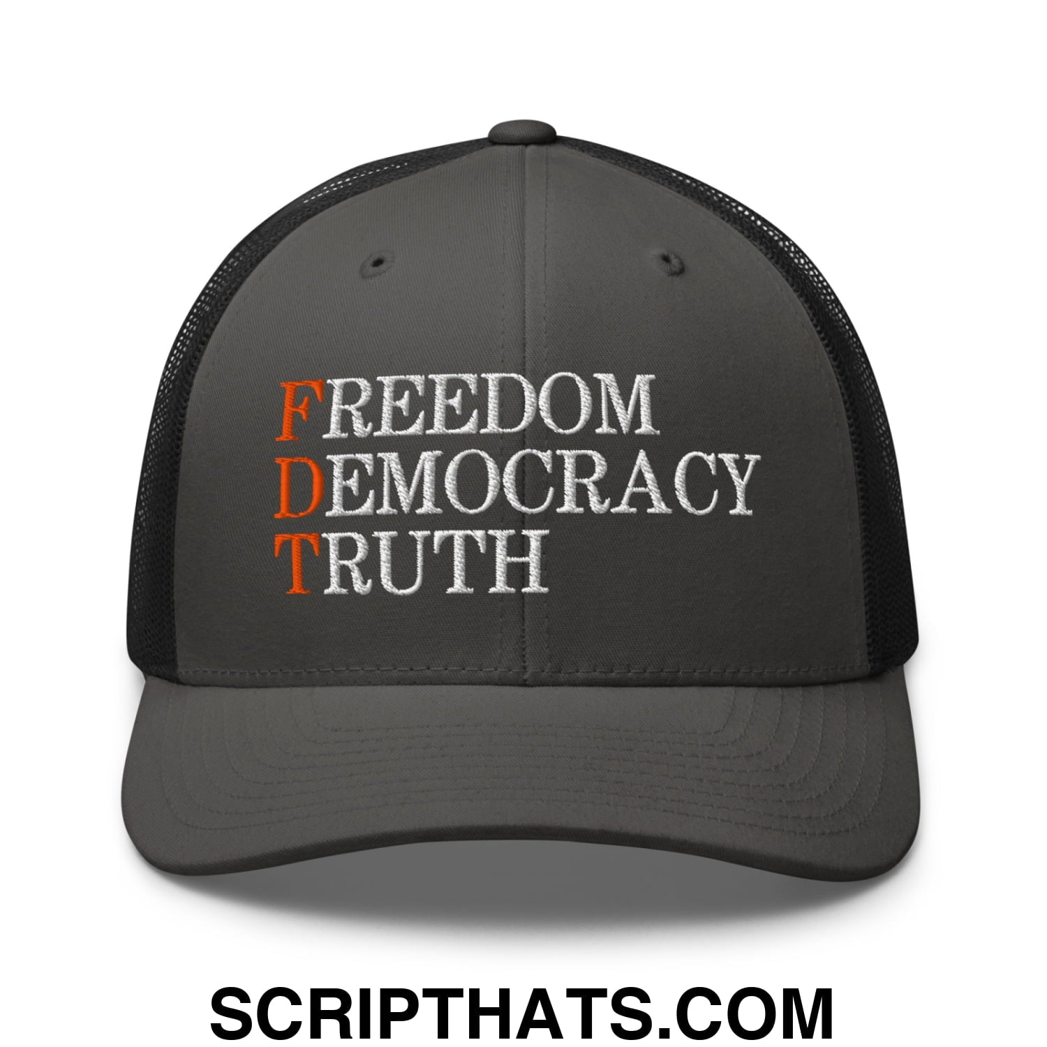 FDT Freedom Democracy Truth Embroidered Mesh Trucker Hat Charcoal Black