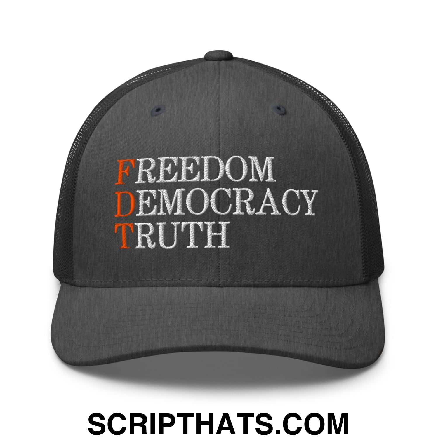 FDT Freedom Democracy Truth Embroidered Mesh Trucker Hat Dark Heather Gray